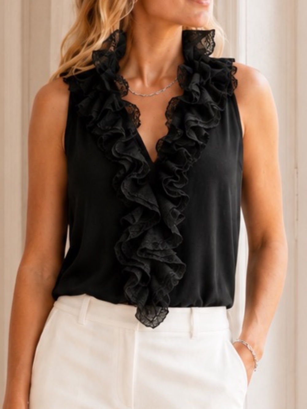 Retro Romantic Goth Cabi Black Taffeta Ruffle Neck Tank Top, Size Medium